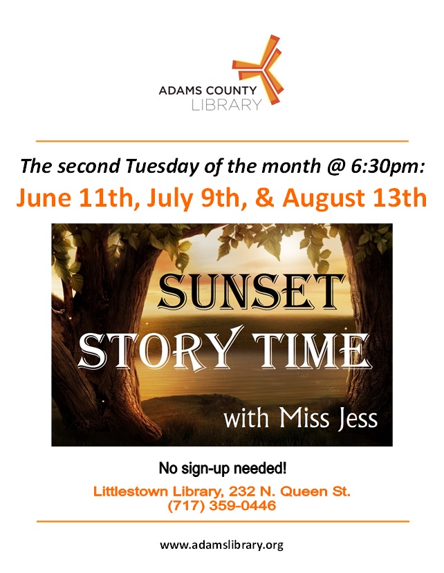 Join us for Sunset Story Time with Miss Jess on the second Tuesday of the month @ 6:30pm through the summer.