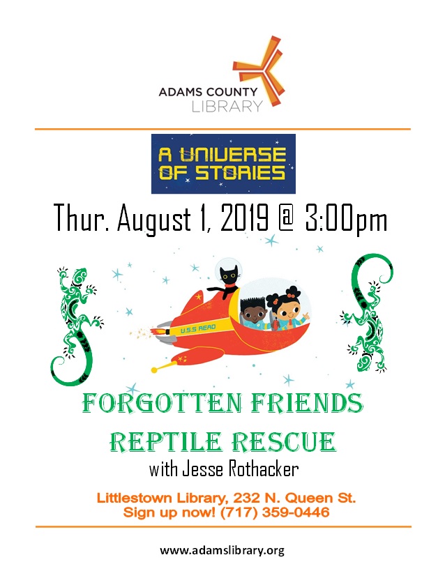 Come meet the Forgotten Friends Reptile Rescue with Jesse Rothacker on Thursday, August 1, 2019 at 3:00pm. All ages welcome; no registration required.