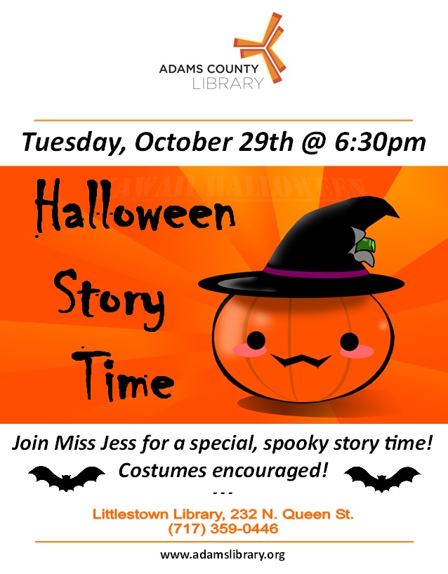 Halloween Story Time is on Tuesday, October 29, 2019 at 6:30pm. All ages welcome, no registration required, and costumes are encouraged.