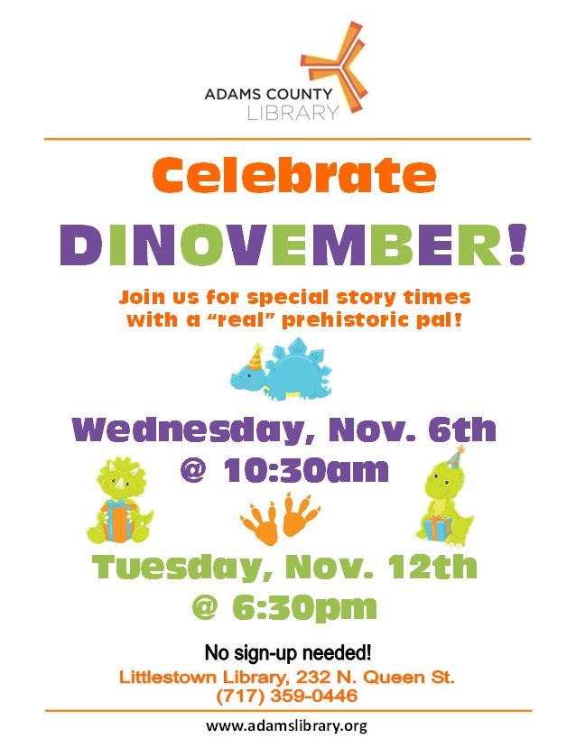 Celebrate Dinovember at Sunset Story Time on Tuesday, November 12, 2019 at 6:30pm.