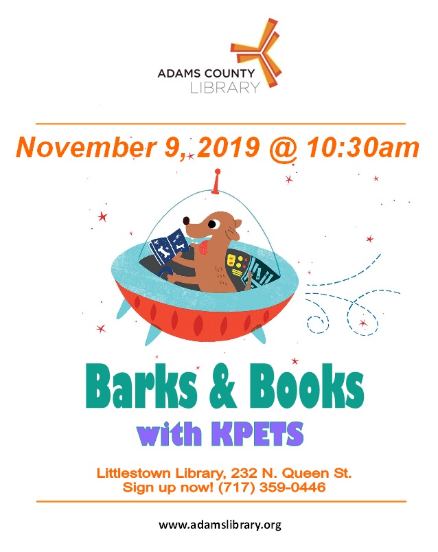 Barks and Books with KPETS is on Saturday, November 9, 2019 at 10:30am.