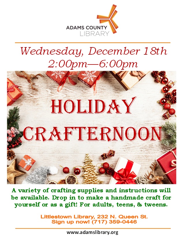 Holiday Crafternoon is on Wednesday, December 18, 2019 from 2:00pm until 6:00pm. A variety of crafting supplies and instructions will be available. Drop in to make a handmade craft for yourself or as a gift. For adults, teens, and tweens.
