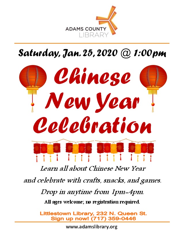 Join us for our Chinese New Year Celebration on Saturday, January 25, 2020. Drop in from 1:00pm to 4:00pm to enjoy crafts, snacks, and games. All ages welcome, no registration required.
