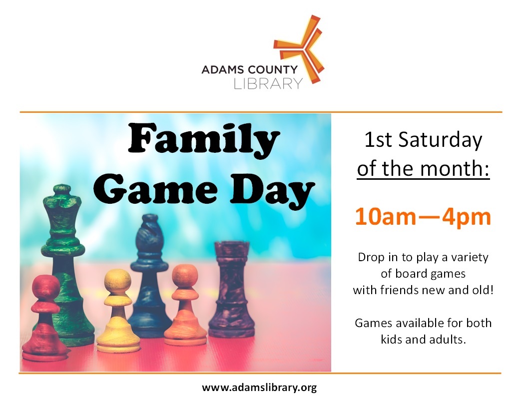 Join us on the first Saturday of the month from 10am-4pm for Family Game Day. Drop in to play a variety of board games. For all ages.