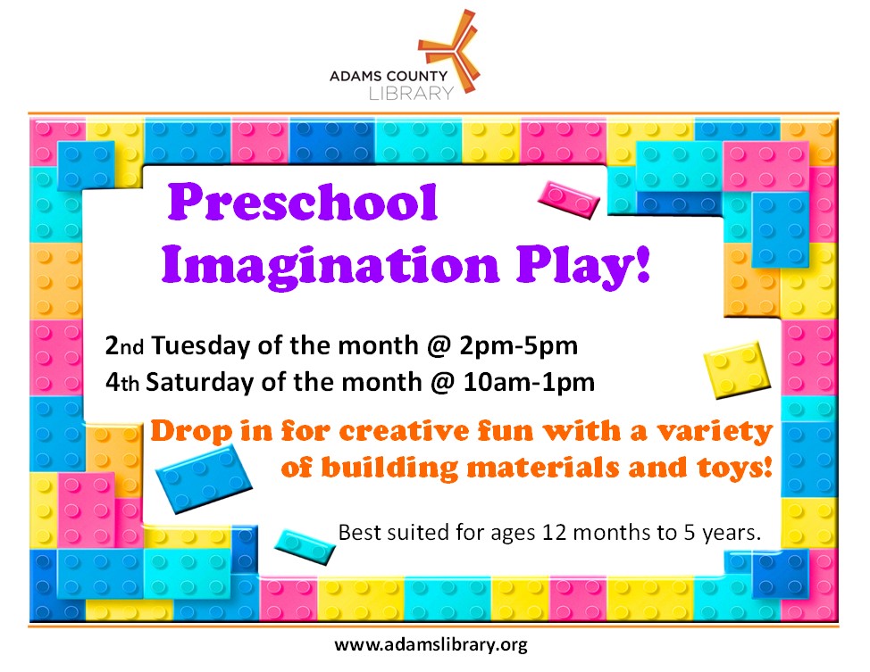 Join us for Preschool Imagination Play on the second Tuesday of the month from 2:00pm until 5:00pm and the fourth Saturday of the month from 10:00am until 1:00pm. For ages 12 months to 5 years.