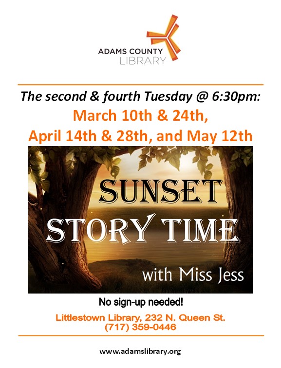 Join us for Sunset Story Time with Miss Jess on the second and fourth Tuesday of the month @ 6:30pm.