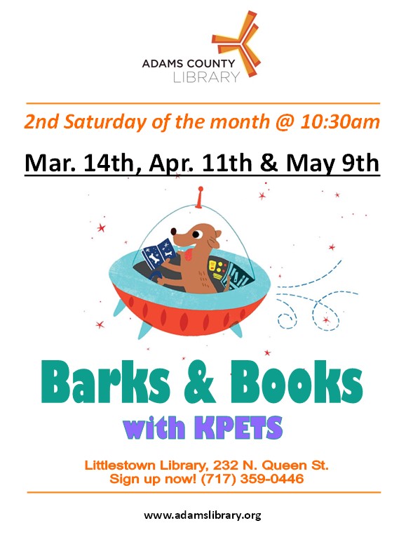 Barks and Books with KPETS is the second Saturday of the month at 10:30am. 2020 Spring dates are March 14th, April 11th, and May 9th.