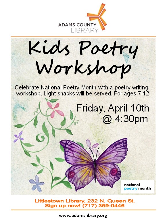 To celebrate National Poetry Month, we're having a Kids Poetry Workshop on Friday, April 10, 2020 at 4:30pm. For ages 7 to 12.
