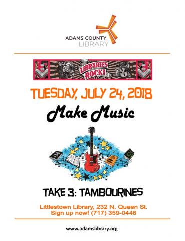 The Summer Quest craft activity "Make Music, Take 3" runs from Tuesday, July 24, 2018 until Saturday, July 28, 2018. This week's themed instrument is tambourines