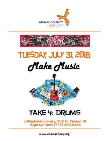 The Summer Quest craft activity "Make Music, Take 4" runs from Tuesday, July 31, 2018 until Saturday, August 3, 2018. This week's themed instrument is drums.