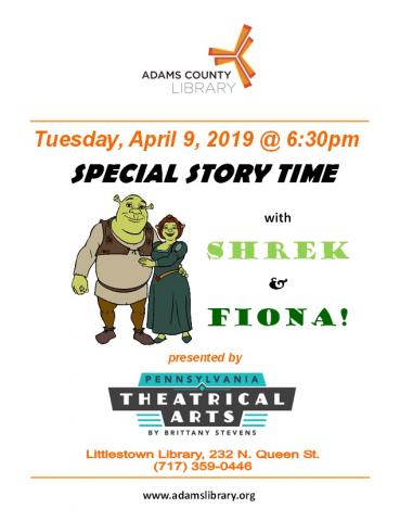 On Tuesday, April 9, 2019 at 6:30pm, PATABS hosts a special story time with Shrek and Fiona.