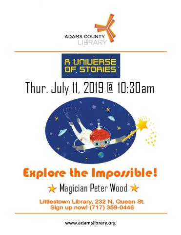 Summer Quest program. Explore the Impossible with magician Peter Wood at 10:30am on Thursday, July 11, 2019. For all ages.