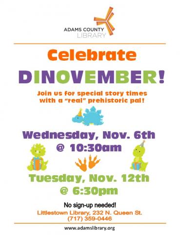Celebrate Dinovember at Sunset Story Time on Tuesday, November 12, 2019 at 6:30pm.
