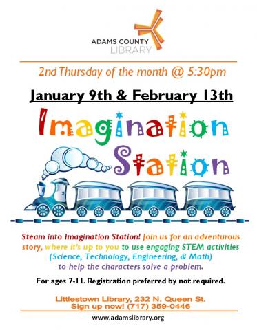Join us on the second Thursday of the month at 5:30pm for Imagination Station. Use STEM to help characters solve a problem! For ages 7 to 11.