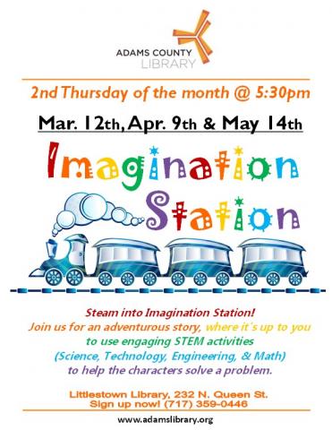 Join us on the second Thursday of the month at 5:30pm for Imagination Station. Spring dates are March 12, April 9, and May 14, 2020. Use STEM to help characters solve a problem! For ages 7 to 11.