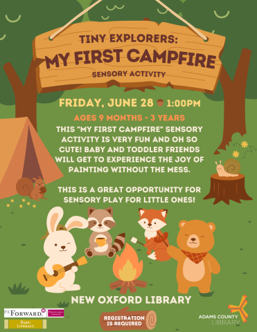 woodland critters with tent and campfire
