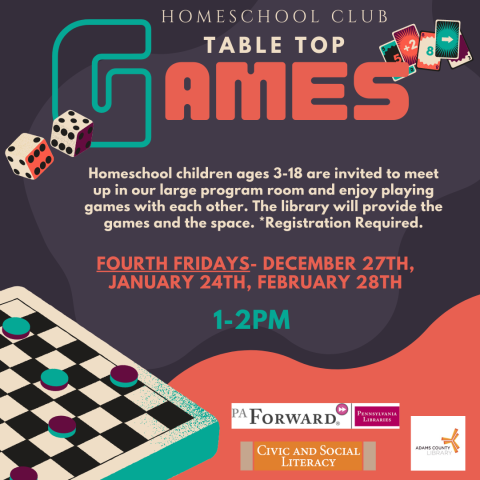 A poster with games on it that says, "Homeschool Club Tabletop Games. Homeschool children ages 3-18 are invited to meet up in our large program room and enjoy playing games with each other. The library will provide the games and the space. *Registration Required. December 27th, January 24th, and February 28th."