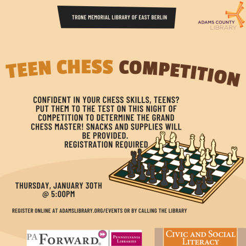 Text about event accompanied by chess board and pieces