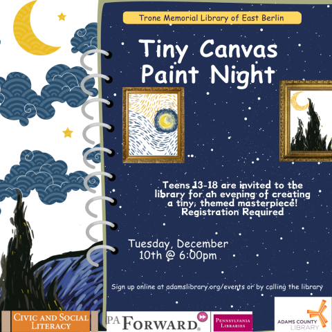 Advertisement of event with paintings of starry night and other famous works accompanying it on top of a background with the moon, stars, clouds, and tree