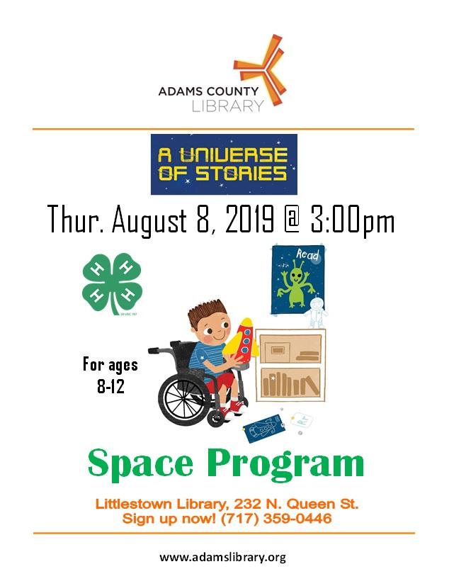 Learn about Space with 4-H on Thursday, August 8, 2019 at 3:00pm. For ages 8-12. Registration highly encouraged.