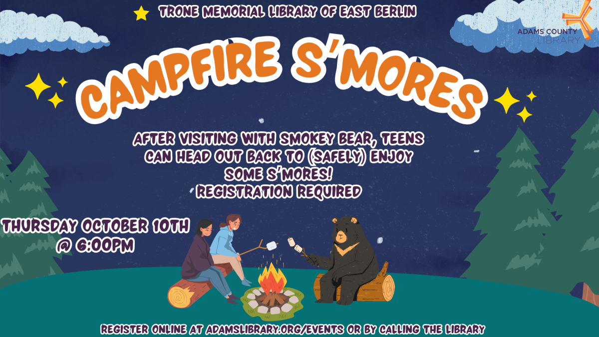 Image of two teens at a camp sharing s'mores with a bear under a starry sky accompanying text